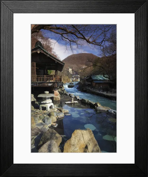 Framed Print : Japan, Gunma Prefecture, Takaragawa Onsen, outdoor hot springs along Takaragawa river
