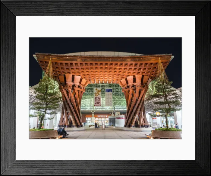Framed Print : Night view of huge wooden gate marking the entrance to Kanazawa JR Station Building Framed Print : Night view of huge wooden gate marking the entrance to Kanazawa JR Station Building