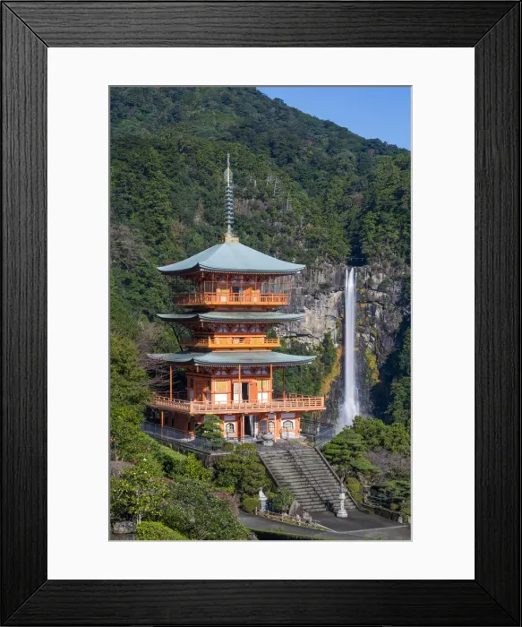 Framed Print : Nachisan Seiganto-ji pagoda at Kumano Nachi Shrine with Nachi Falls in the background Framed Print : Nachisan Seiganto-ji pagoda at Kumano Nachi Shrine with Nachi Falls in the background
