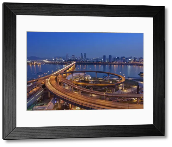 Framed Print : Korea, Seoul, Tukseom, Traffic on Cheongdam On-Ramp and Cheongdam bridge, over Hangang