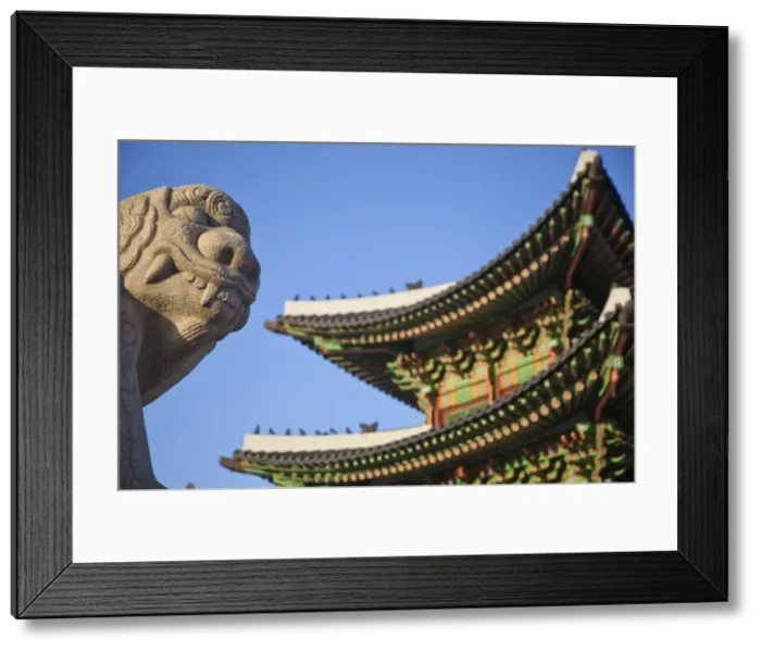 Framed Print : Korea, Seoul, Gyeongbokgung Palace, Haetae, a stone mythical creature infront of