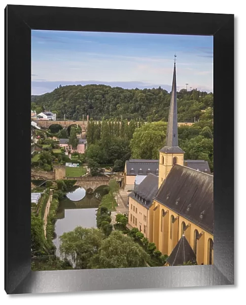Luxembourg, Luxembourg City, View of Neimenster Abbey and Stierchen stone footbridge