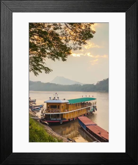 Framed Print : Laos, Luang Prabang, Riverboats on the Mekong River, sunset