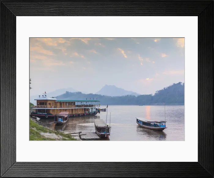 Framed Print : Laos, Luang Prabang, Riverboats on the Mekong River, sunset Framed Print : Laos, Luang Prabang, Riverboats on the Mekong River, sunset