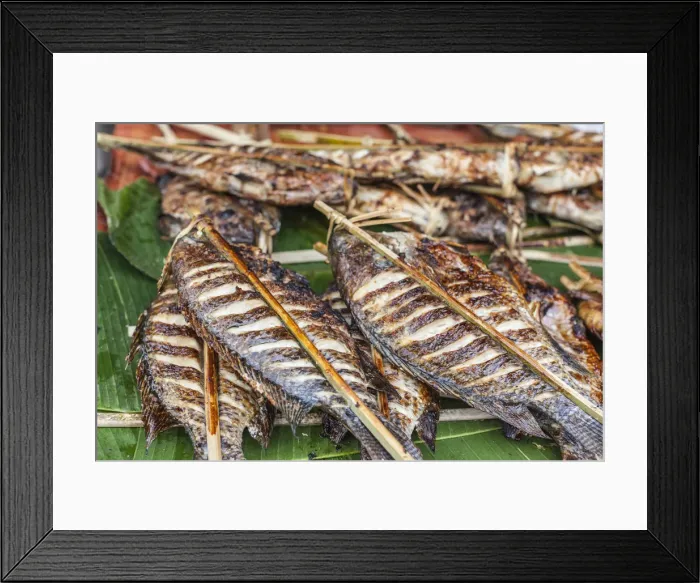 Framed Print : Laos, Luang Prabang, morning market, grilled fish Framed Print : Laos, Luang Prabang, morning market, grilled fish