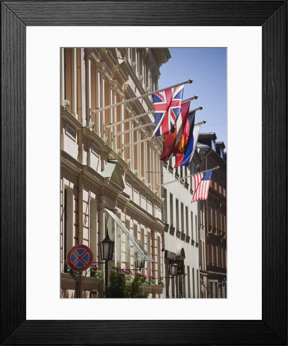 Framed Print : Latvia, Riga, Old Riga, Grand Palace Hotel, flags