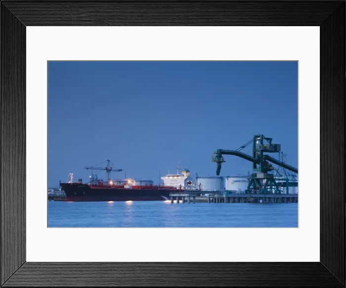 Framed Print : Latvia, Western Latvia, Kurzeme Region, Ventspils, Ventspils Port, dusk