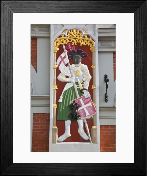 Framed Print : Latvia, Riga, Old Riga, Blackheads House, detail with patron saint, St. Mauritius