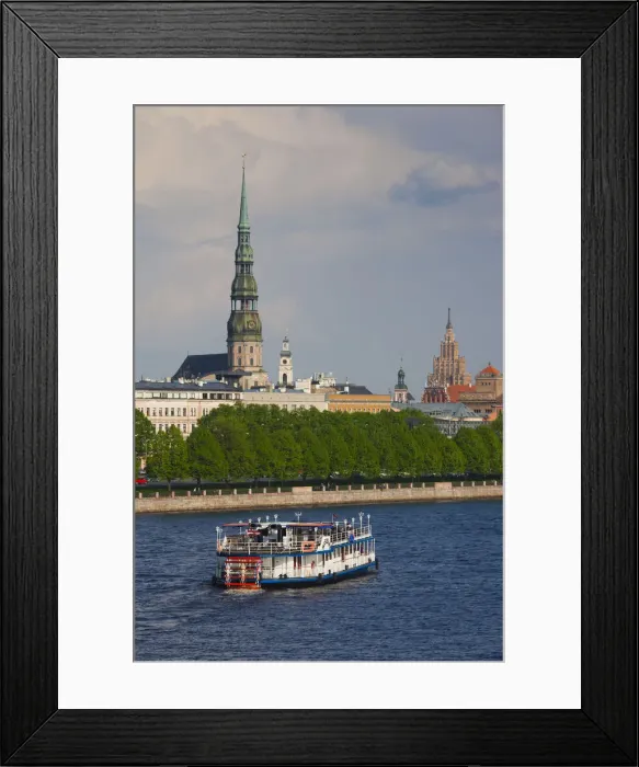 Framed Print : Latvia, Riga, Daugava River tourist boat and Riga skyline Framed Print : Latvia, Riga, Daugava River tourist boat and Riga skyline