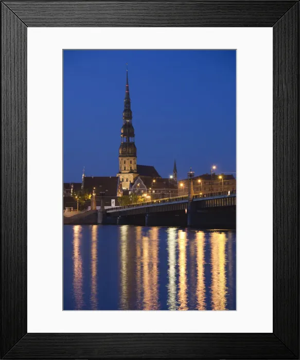 Framed Print : Latvia, Riga, Old Riga, St. Peters Lutheran Church and Akmens Bridge, evening Framed Print : Latvia, Riga, Old Riga, St. Peters Lutheran Church and Akmens Bridge, evening