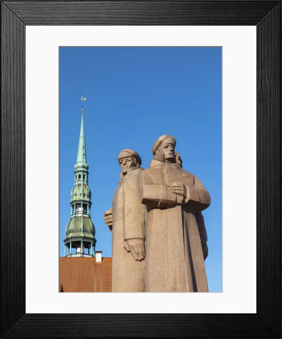 Framed Print : The Latvian Riflemen Monument and St. Peters Church, Old Town, Riga, Latvia Framed Print : The Latvian Riflemen Monument and St. Peters Church, Old Town, Riga, Latvia