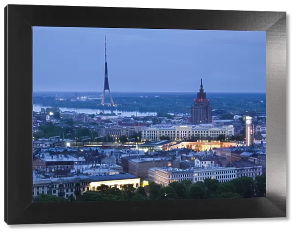 Latvia, Riga, elevated view of Old Riga, Vecriga, evening