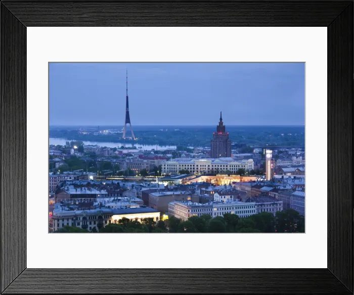 Framed Print : Latvia, Riga, elevated view of Old Riga, Vecriga, evening