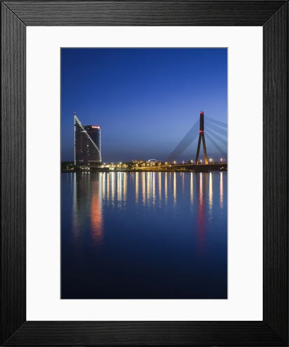 Framed Print : Latvia, Riga, Vansu Bridge, Swedbank building, and Daugava River, evening Framed Print : Latvia, Riga, Vansu Bridge, Swedbank building, and Daugava River, evening