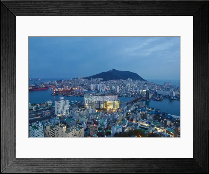Framed Print : Korea, Gyeongsangnam-do, Busan, View of harbour and Lotte Tower from Busan Tower Framed Print : Korea, Gyeongsangnam-do, Busan, View of harbour and Lotte Tower from Busan Tower