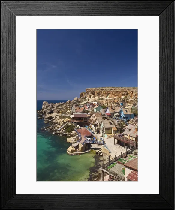 Framed Print : Malta, Northwest Malta, Anchor Bay, Sweethaven, Popeye Village, family fun park, formerly Framed Print : Malta, Northwest Malta, Anchor Bay, Sweethaven, Popeye Village, family fun park, formerly