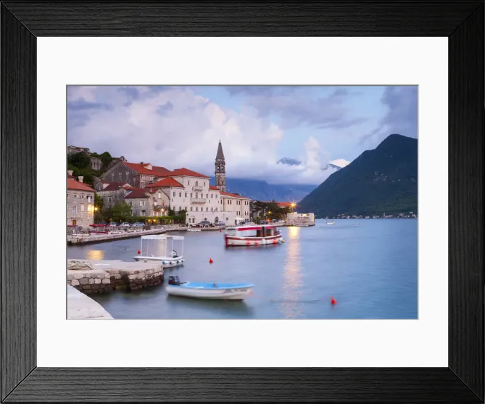 Framed Print : The picturesque coastal village of Perast illuminated at dusk, Perast, Bay of Kotorska