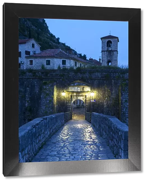 The Northern Gate illuminated at dusk, Stari Grad (Old Town), Kotor, Montenegro