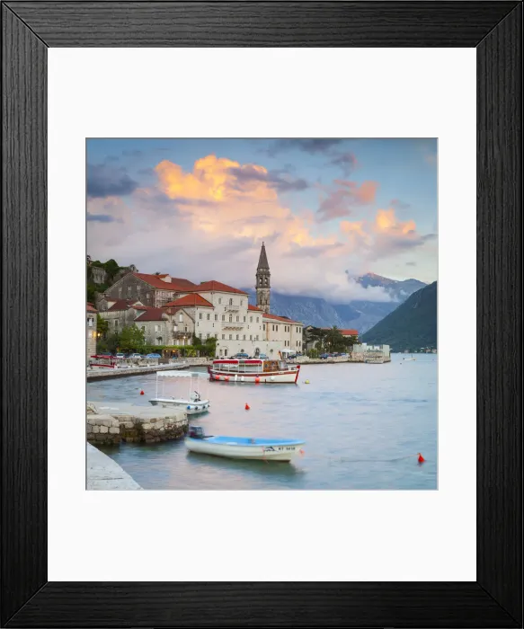 Framed Print : The picturesque coastal village of Perast illuminated at sunset, Perast, Bay of Kotorska