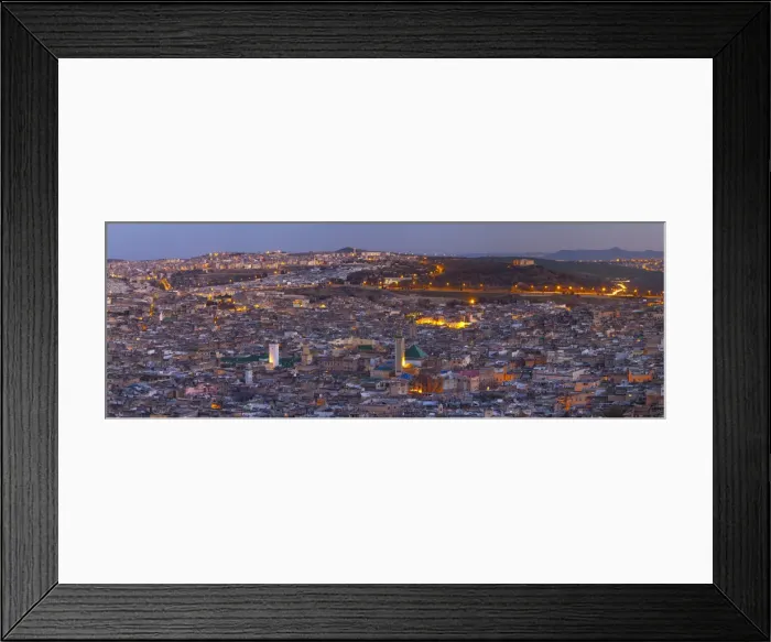 Framed Print : Elevated view across the Old Medina of Fes illuminated at Dusk, Fes, Morocco Framed Print : Elevated view across the Old Medina of Fes illuminated at Dusk, Fes, Morocco