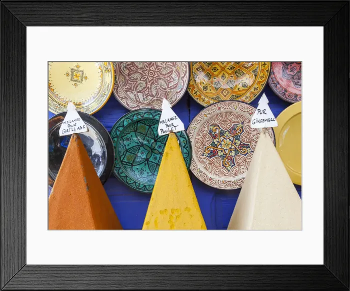 Framed Print : Spices and ceramics for sale, souk (market), Essaouira, Morocco