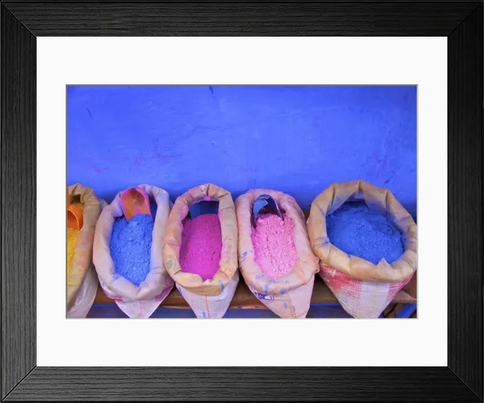 Framed Print : Bags Of Powdered Pigment To Make Paint, Chefchaouen, Morocco, North Africa Framed Print : Bags Of Powdered Pigment To Make Paint, Chefchaouen, Morocco, North Africa