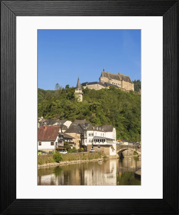 Framed Print : Luxembourg, Vianden, View of Vianden Castle above the town and Our River Framed Print : Luxembourg, Vianden, View of Vianden Castle above the town and Our River