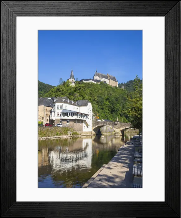 Framed Print : Luxembourg, Vianden, View of Vianden Castle above the town and Our River