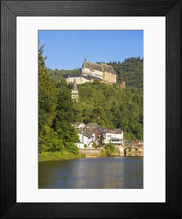 Framed Print : Luxembourg, Vianden, View of Vianden Castle above the town and Our River Framed Print : Luxembourg, Vianden, View of Vianden Castle above the town and Our River