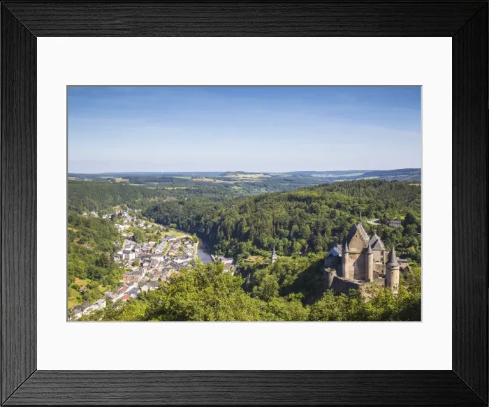 Framed Print : Luxembourg, Vianden, View of Vianden Castle, town and valley Framed Print : Luxembourg, Vianden, View of Vianden Castle, town and valley