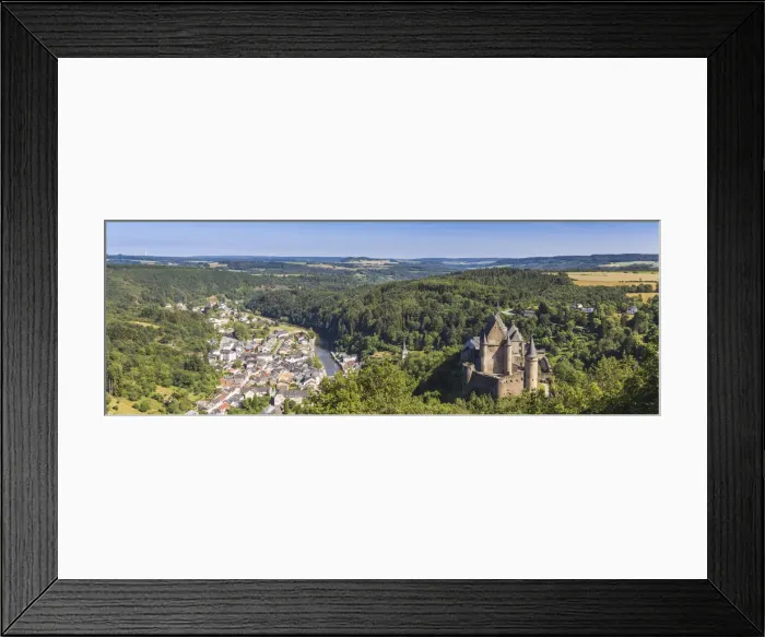 Framed Print : Luxembourg, Vianden, View of Vianden Castle, town and valley Framed Print : Luxembourg, Vianden, View of Vianden Castle, town and valley