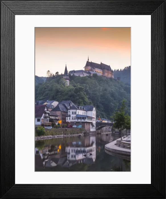 Framed Print : Luxembourg, Vianden, View of Vianden Castle above the town and Our River Framed Print : Luxembourg, Vianden, View of Vianden Castle above the town and Our River