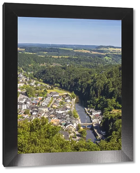Luxembourg, Vianden, View of Vianden town, river and valley
