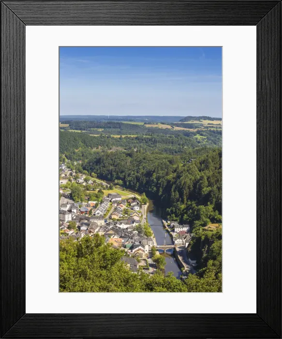Framed Print : Luxembourg, Vianden, View of Vianden town, river and valley Framed Print : Luxembourg, Vianden, View of Vianden town, river and valley