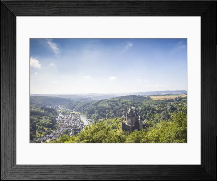 Framed Print : Luxembourg, Vianden, View of Vianden Castle, town and valley Framed Print : Luxembourg, Vianden, View of Vianden Castle, town and valley
