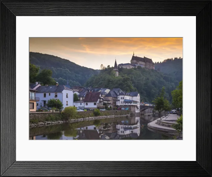 Framed Print : Luxembourg, Vianden, View of Vianden Castle above the town and Our River Framed Print : Luxembourg, Vianden, View of Vianden Castle above the town and Our River