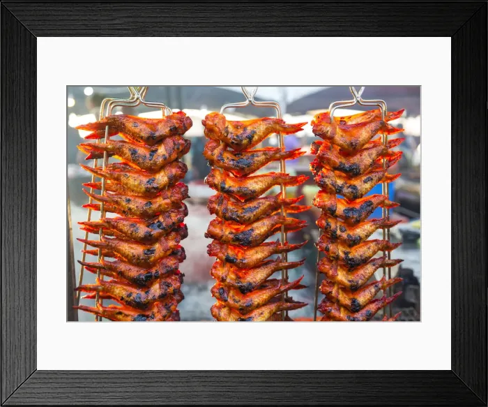 Framed Print : Grilling chicken wings, Night food market, Kota Kinabalu, Sabah, Borneo, Malaysia