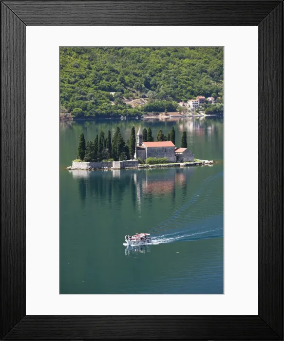Framed Print : Montenegro, Bay of Kotorska, Perast, Island of St. George and Tour Boat Framed Print : Montenegro, Bay of Kotorska, Perast, Island of St. George and Tour Boat
