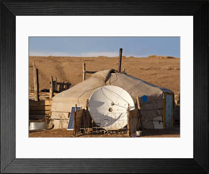 Framed Print : Mongolia, Bayangobi, A nomads traditional Ger with satellite dish and solar panel Framed Print : Mongolia, Bayangobi, A nomads traditional Ger with satellite dish and solar panel