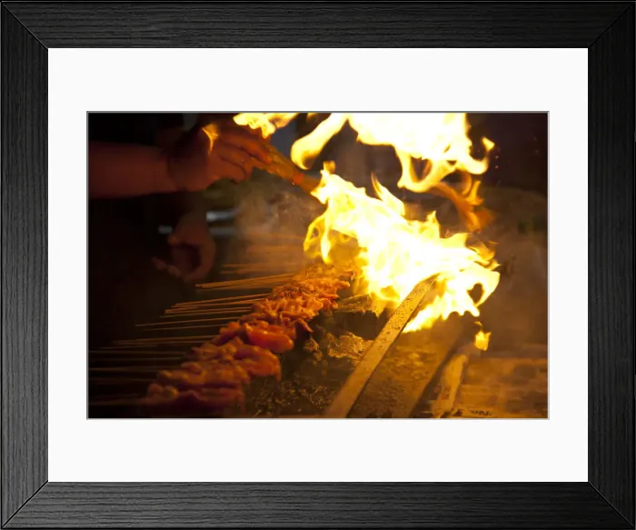 Framed Print : Barbequing meat sticks in China Town, Kuala Lumpur, Malaysia Framed Print : Barbequing meat sticks in China Town, Kuala Lumpur, Malaysia