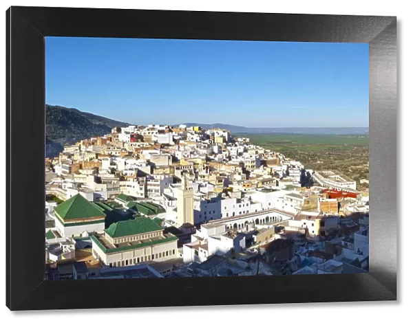 Elevated view over the historic hilltop town of Moulay Idriss, Morocco
