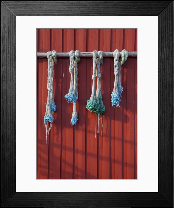 Framed Print : Fishing nets hanging from Rorbuer exterior, Storvagen, Austvagsoya, Lofoten, Nordland Framed Print : Fishing nets hanging from Rorbuer exterior, Storvagen, Austvagsoya, Lofoten, Nordland