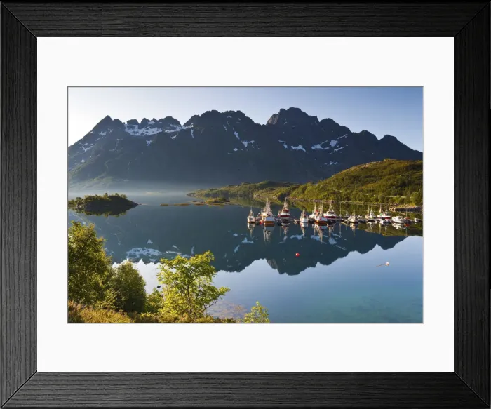 Framed Print : Fishing Boats in fjord, Austnesfjorden, Vagan, Lofoten, Nordland, Norway