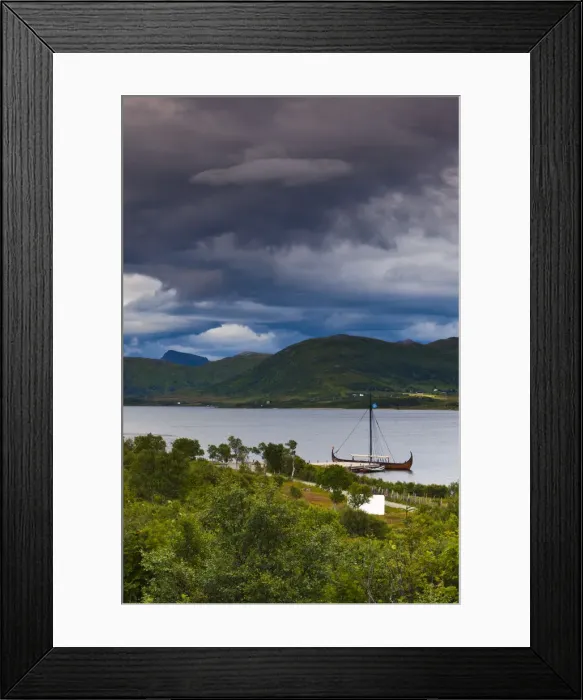 Framed Print : Longship on fjord, Lofotr Viking Museum, Vestvagoy, Lofoten Islands, Nordland, Norway