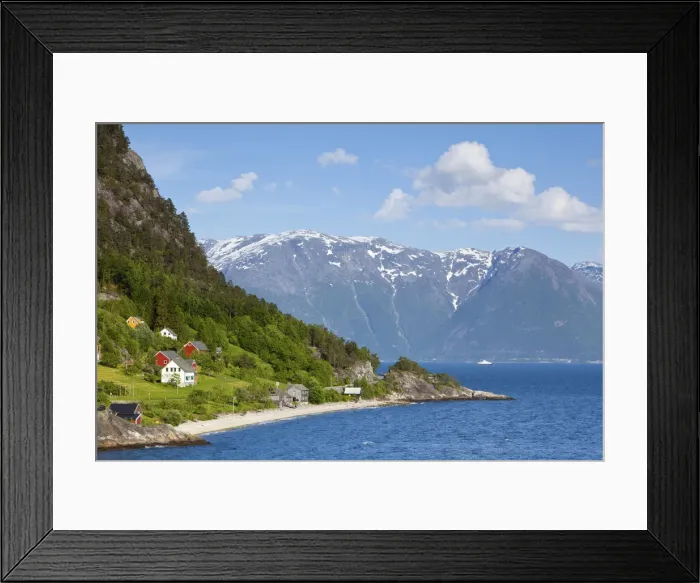 Framed Print : Houses on the shores of the Hardanger Fjord, Hordaland, Norway Framed Print : Houses on the shores of the Hardanger Fjord, Hordaland, Norway