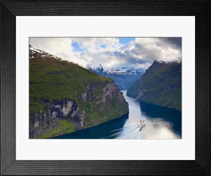 Framed Print : A Cruise Ship navigates through a bend in the dramatic Geiranger Fjord, Geiranger Framed Print : A Cruise Ship navigates through a bend in the dramatic Geiranger Fjord, Geiranger
