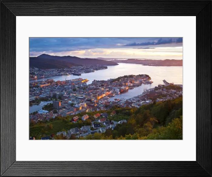Framed Print : Elevated view over central Bergen illuminated at sunset, Bergen, Hordaland, Norway Framed Print : Elevated view over central Bergen illuminated at sunset, Bergen, Hordaland, Norway
