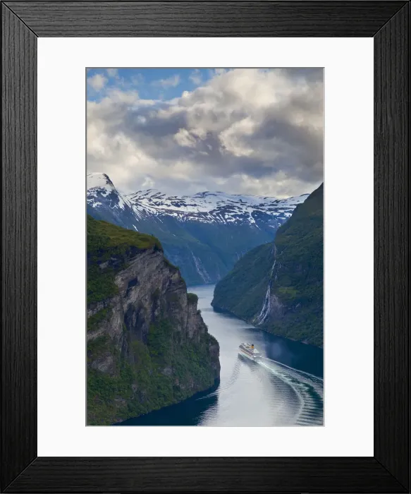 Framed Print : A Cruise Ship navigates through a bend in the dramatic Geiranger Fjord, Geiranger