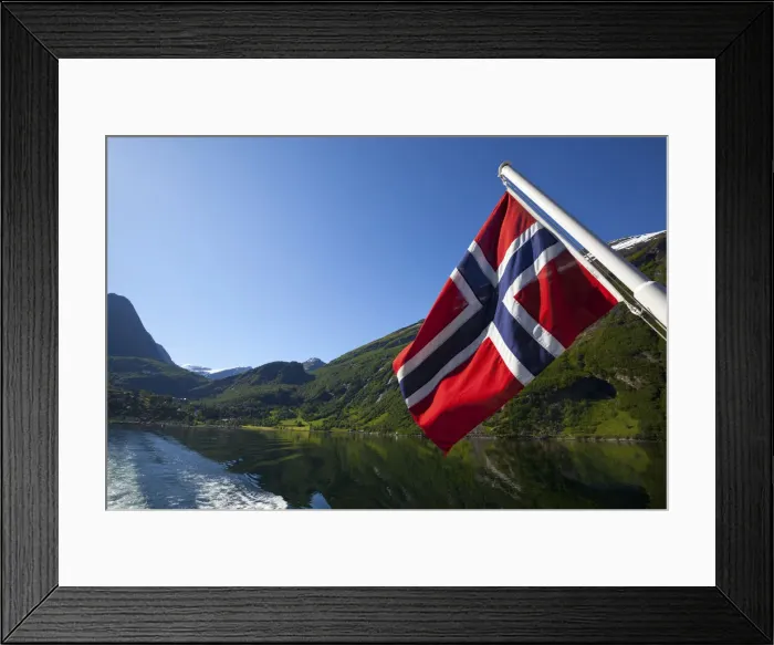 Framed Print : Norwegian National Flag on ferry stern, Geiranger Fjord, More og Romsdal, Norway Framed Print : Norwegian National Flag on ferry stern, Geiranger Fjord, More og Romsdal, Norway