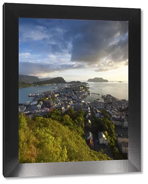Elevated view over Alesund at sunset, Sunnmore, More og Romsdal, Norway